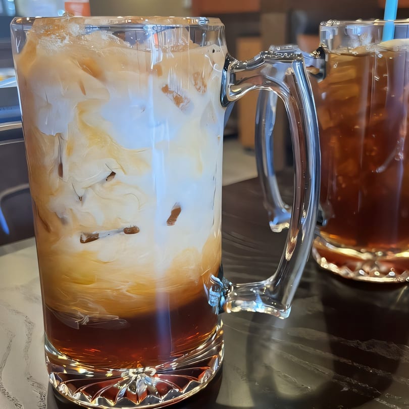 Two iced Thai teas, one with cream swirling, in clear mugs on a dark table.
